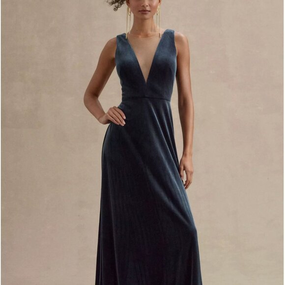 French Blue Jenny Yoo Logan Deep-V Velvet Column Gown - Picture 1 of 9
